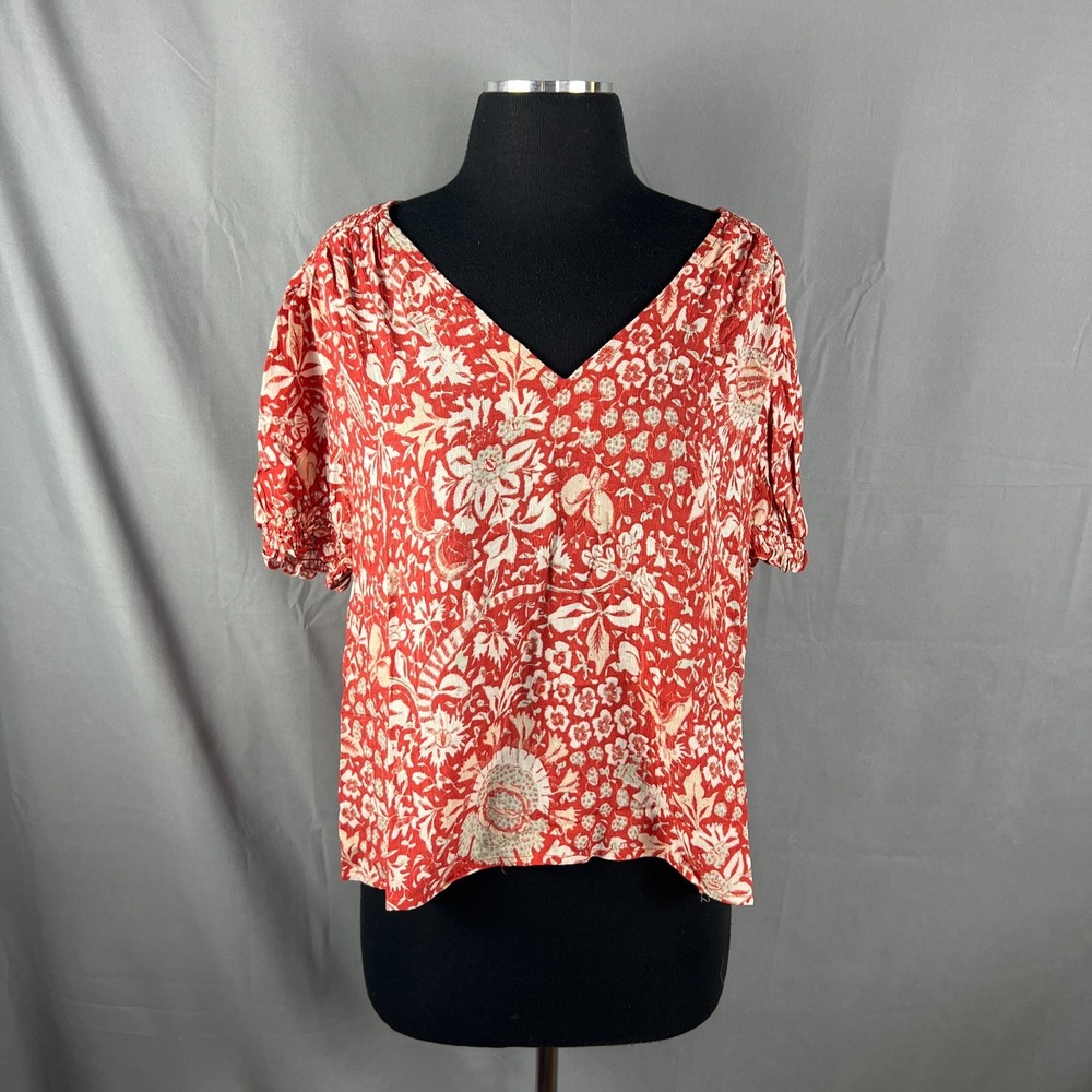 Rachel Zoe Blouse Top Womens Red White Floral Pleated Back Puff Sleeve V Neck